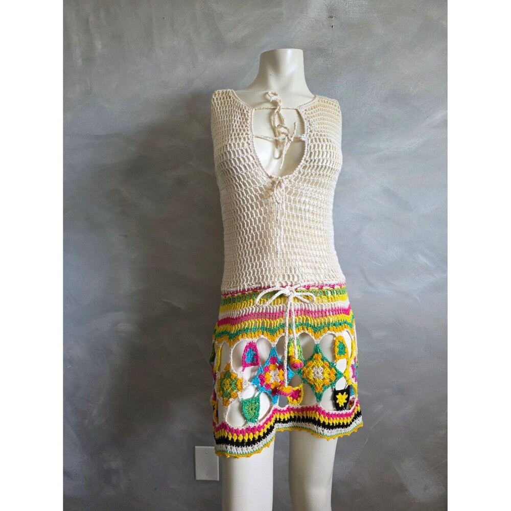 Vibrant Patchwork Granny Square Crochet Drawstring Waist Mini Dress Coverup